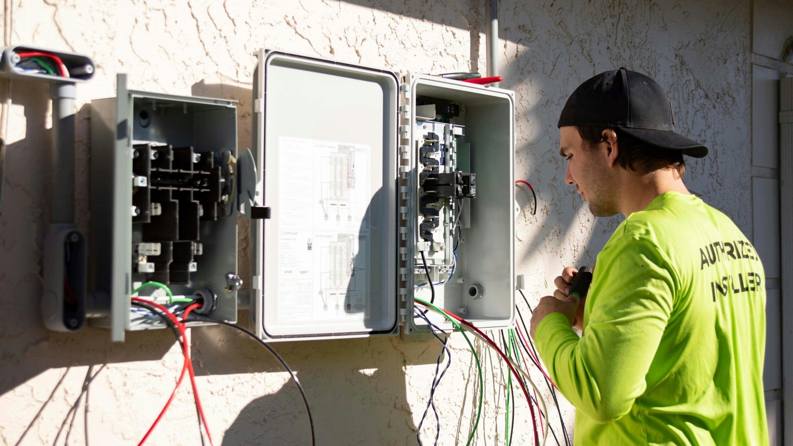 Technician inspecting open electrical enclosure box with wiring on an outdoor wall